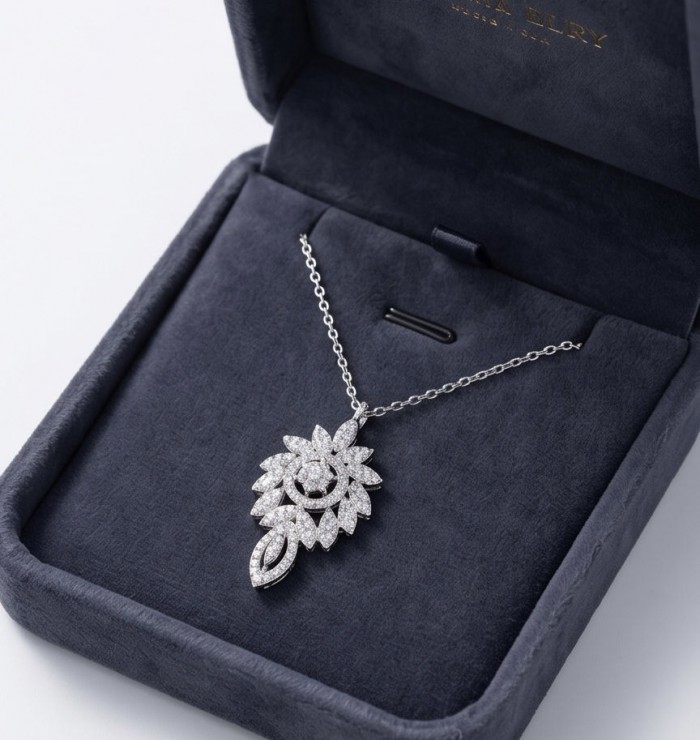 Romantica Precious Natural 4.2 carat White Topaz .925 Sterling Silver handmade necklace - White Topaz pendant in box, front view, focus on design details.