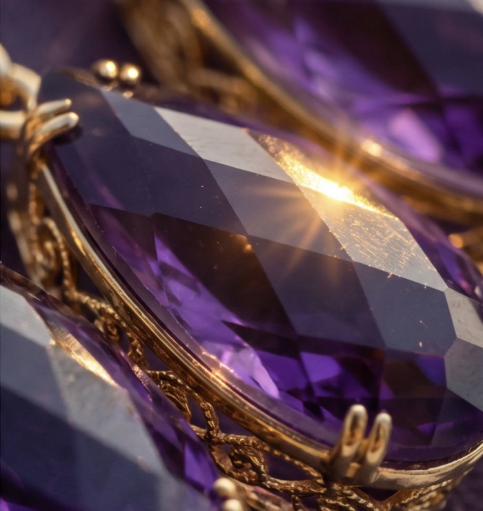 Natural 22.6 carat fancy pear cut Amethyst 14K Gold over .925 Sterling Silver handmade earrings - Close-up of 22.6 carat pear cut Amethyst set in 14K gold.