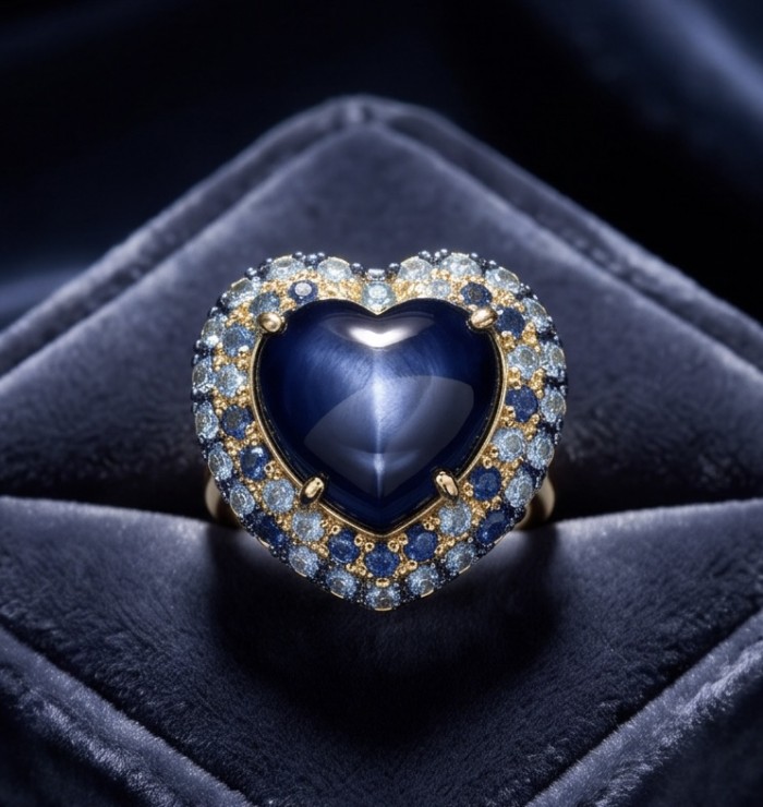 Blue Angel Heart Iconic design Genuine 20.5 carat Sapphire .925 Sterling Silver dipped in 22K Gold handcrafted Ring size 6 - Blue heart-shaped sapphire ring on velvet background, top view.