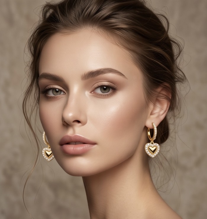Precious Hearts - authentic 0.5 carat White Topaz .925 Sterling Silver dipped in 14K Gold handcrafted Statement Earrings - Woman wearing Precious Hearts white topaz earrings, close-up.