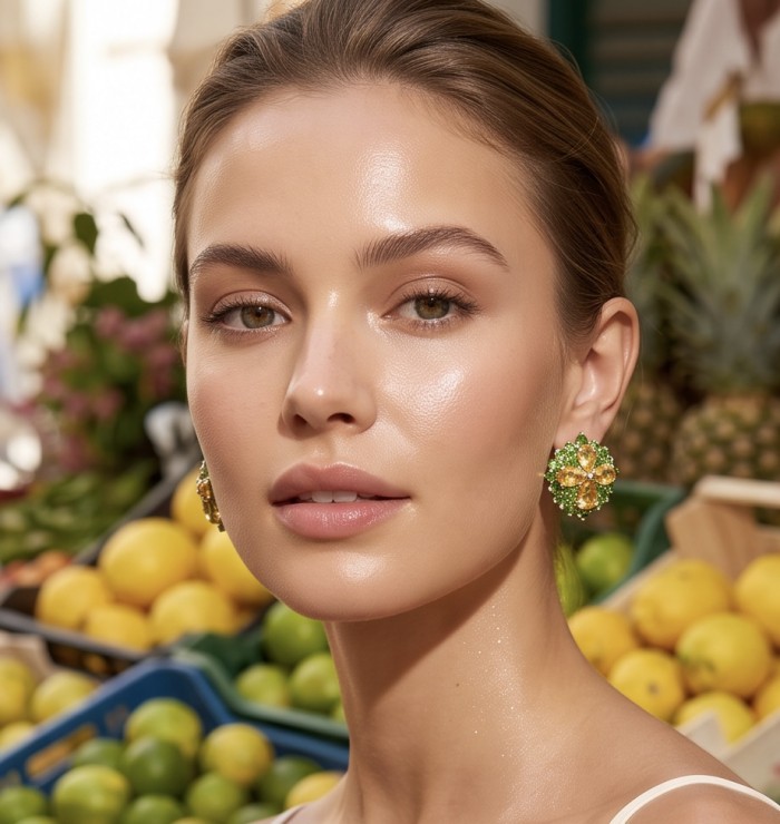 Vivien Luxurious Style - Natural 22.2 carat Citrine .925 Sterling Silver dipped in rhodium handmade earrings - Close-up of woman wearing Vivien Luxurious citrine earrings.