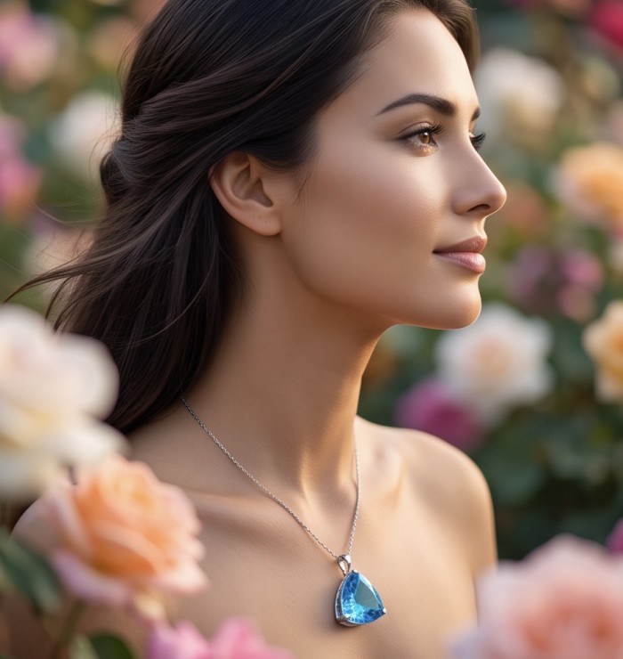 Trillion cut 28.5 carat Vintage style Swiss Blue Topaz .925 Sterling Silver DIPPED IN RHODIUM handmade Pendant - Side view of woman wearing necklace with trillion cut Swiss Blue Topaz.