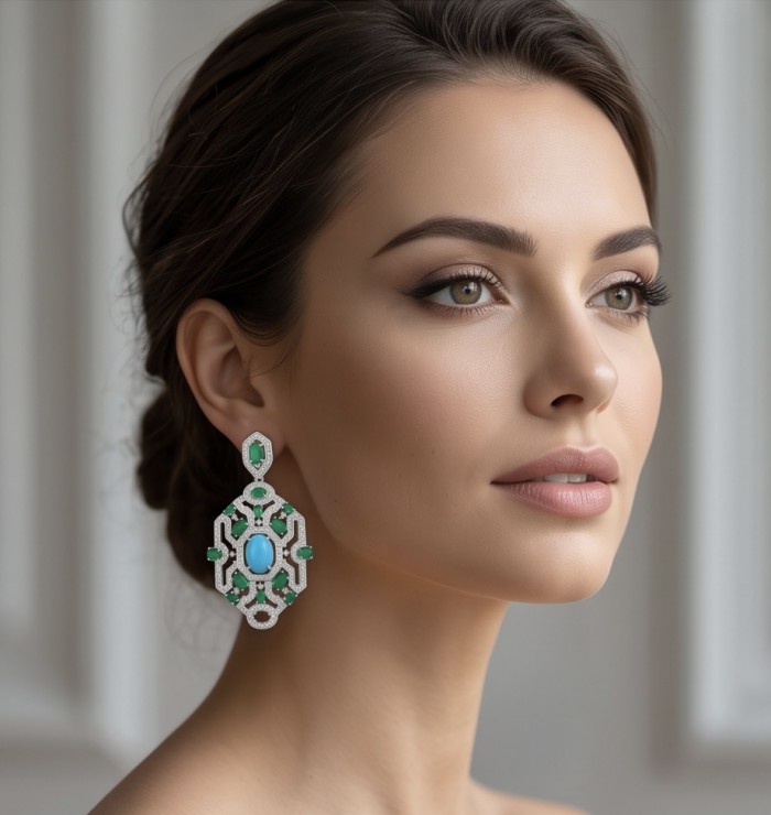 Art Deco - Pacifica - 58.8 carat Turquoise Emerald .925 Sterling Silver handmade Statement LONG Earrings - Side view of Art Deco Pacifica turquoise emerald earrings worn.