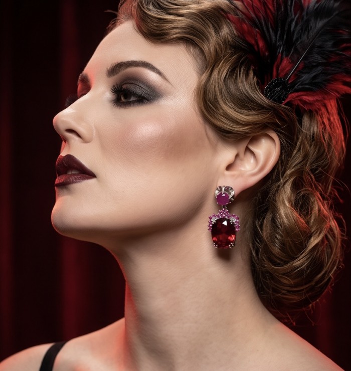 Angelina 14.9 carat authentic Red Topaz .925 Sterling Silver Handcrafted Earrings - Side profile with Angelina 14.9 carat red topaz earrings worn.