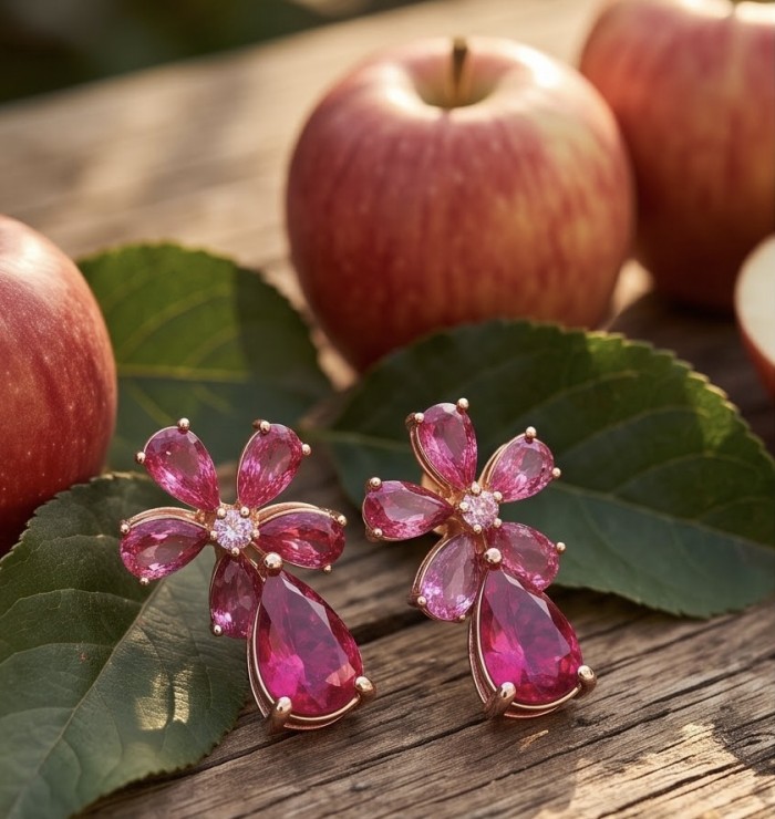 Giovanna - Magnificent floral design- 8.2 carat Kasmir Ruby .925 Sterling Silver dippedin 22K Gold handcrafted incredible Statement earrings - Floral ruby earrings with leaves and apples in background, angled view.
