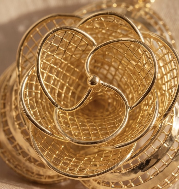 Golden Roses Dubai Style - .925 Sterling Silver dipped in 22K Gold handmade Earrings - Close-up of golden rose jewelry in intricate Dubai style design.