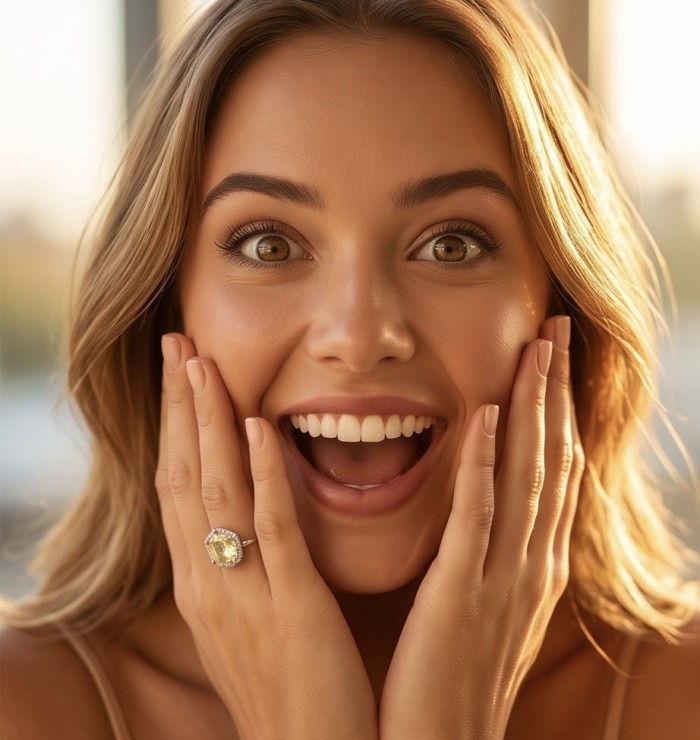 SunRise 9.8 carat Lemon Quartz rhodium over .925 Sterling Silver handcrafted Statement .925 Sterling Silver handcrafted ring size 8 - Woman wearing SunRise 9.8 carat Lemon Quartz ring, close-up view.