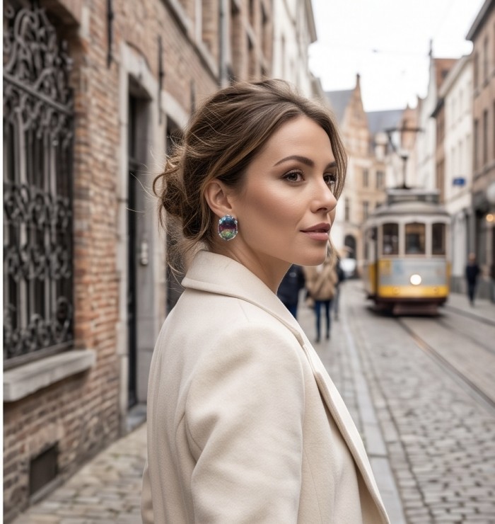 Luxurious authentic 11.2 carat Brazilian Tourmaline .925 Sterling Silver handcrafted earrings - Side view of woman wearing Brazilian Tourmaline earring in street scene.