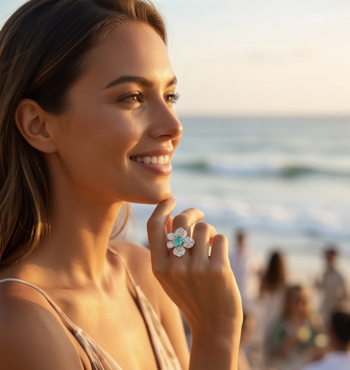 Elizabeth 4.8 carat Colombian Emerald 8.2 carat Moissanite .925 Sterling Silver dipped in Rhodium handcrafted Ring size 7 1/2 - Woman wearing Elizabeth ring on beach at sunset, close-up view.