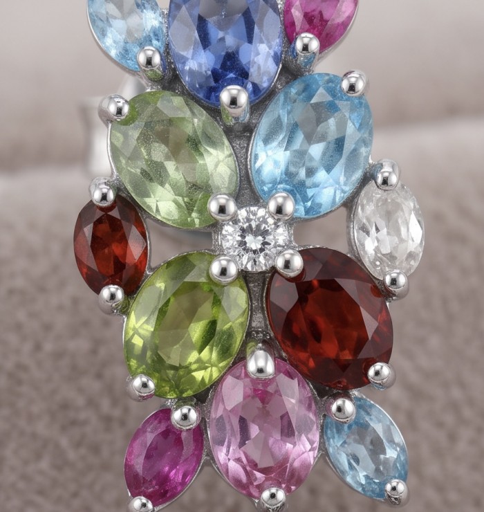 Large - Tiffany - authentic 41.5 carat Pink Sapphire rhodium over .925 Sterling Silver handcrafted Statement Earrings - Close-up of multicolored gemstone cluster on rhodium jewelry.