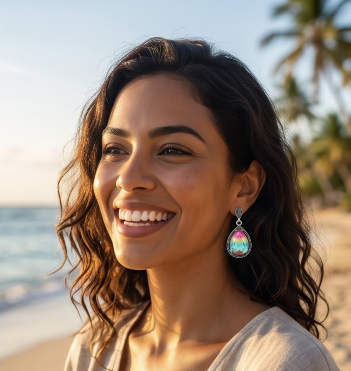 Rainbow authentic 25.5 carat Tourmaline rhodium over .925 Sterling Silver handcrafted Statement Earrings - Woman wearing Rainbow Tourmaline earrings on a beach