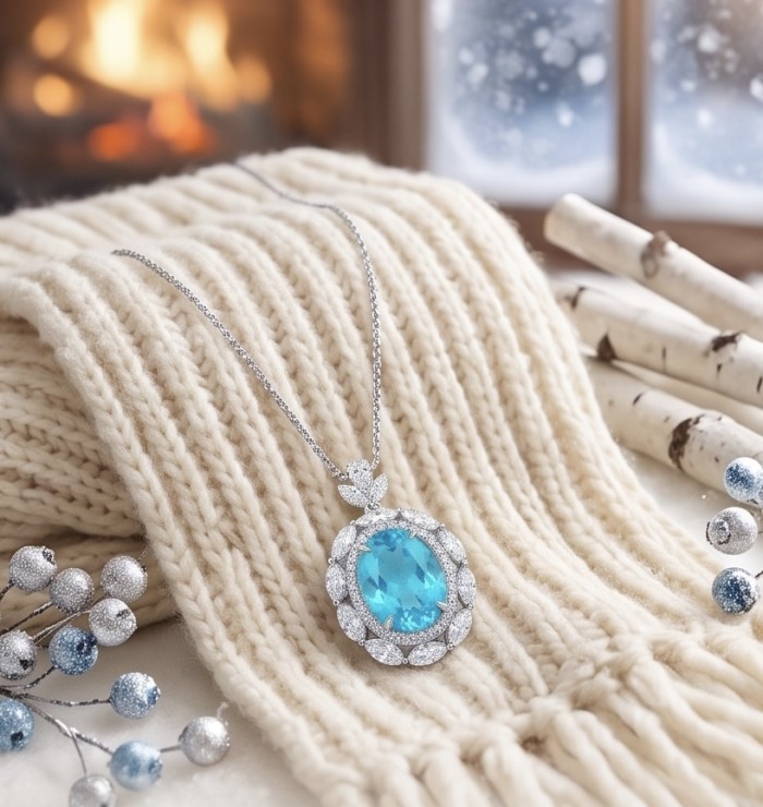 Brazilian's Briliance - oval cut 24.7 carat Paraiba Tourmaline .925 Sterling Silver handcrafted necklace - Necklace with Paraiba Tourmaline on a knitted blanket, snowy window backdrop
