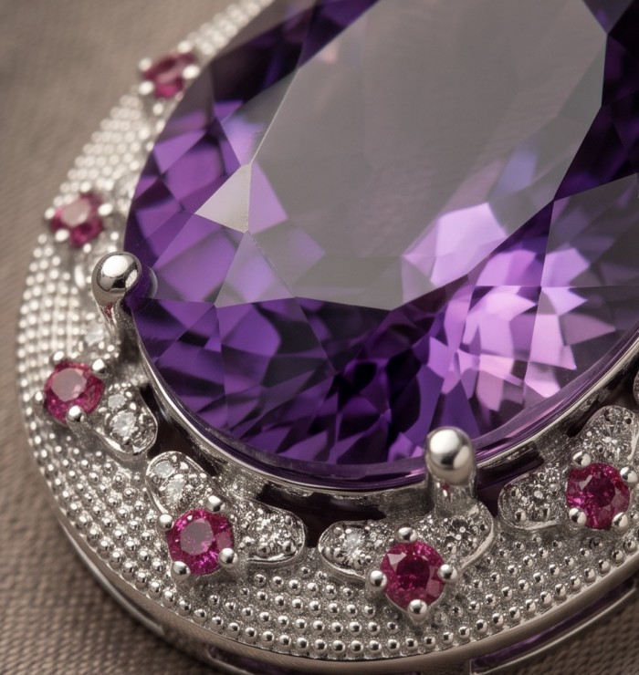 Divine Protection 22.8 carat Precious Amethyst .925 Sterling Silver dipped in rhodium handcarfted Pendant - Close-up of Divine Protection amethyst pendant with pink and white accents