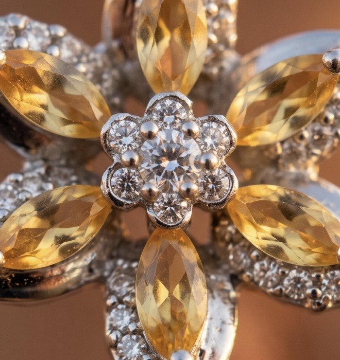Vivien Luxurious Style - Natural 8.2 carat Citrine .925 Sterling Silver dipped in Rhodium handmade pendant - Close-up of Vivien Luxurious Style Citrine and diamond flower design.