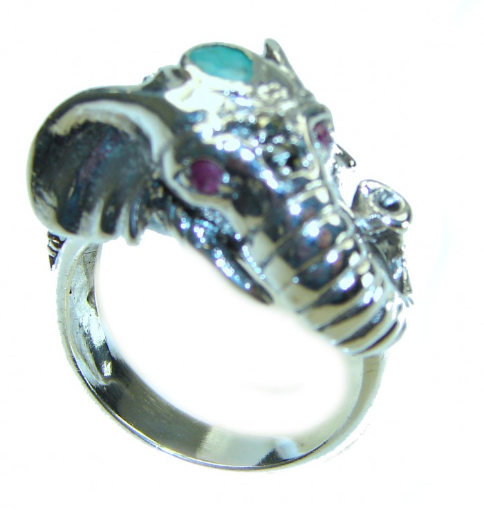 Lucky Elephant Emerald Large Bali made .925 Sterling Silver handcrafted Ring s. 9 - photo 3