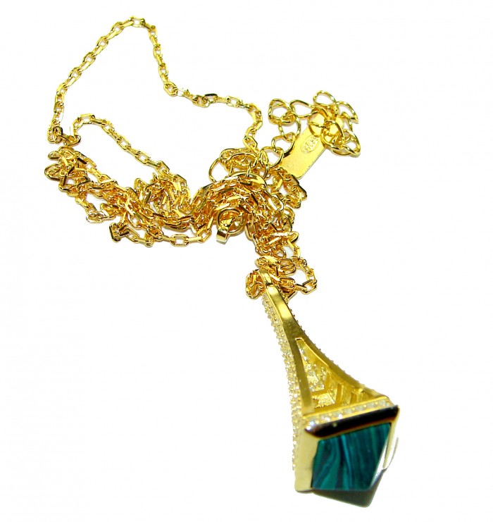 Outstanding authentic Malachite White Sapphire 18K Gold over .925 Sterling Silver necklace - photo 2