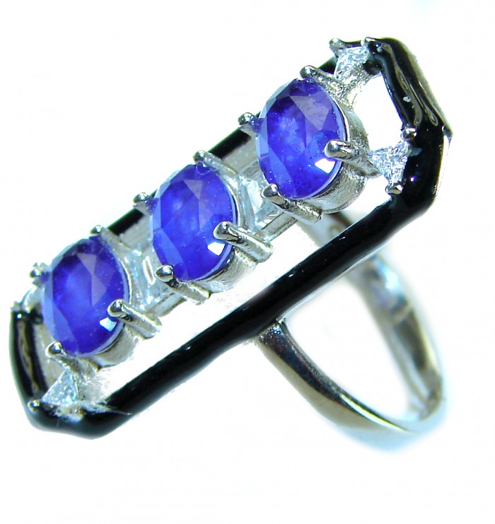 Art Deco 6.2 carat Sapphire black enamel .925 Sterling Silver handcrafted Ring size 6 1/4 - photo 1