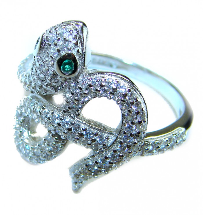 Precious Boa Snake Genuine Emerald White Topaz .925 Sterling Silver handcrafted Ring s. 7 - Close-up of boa snake ring with emerald and white topaz on sterling silver
