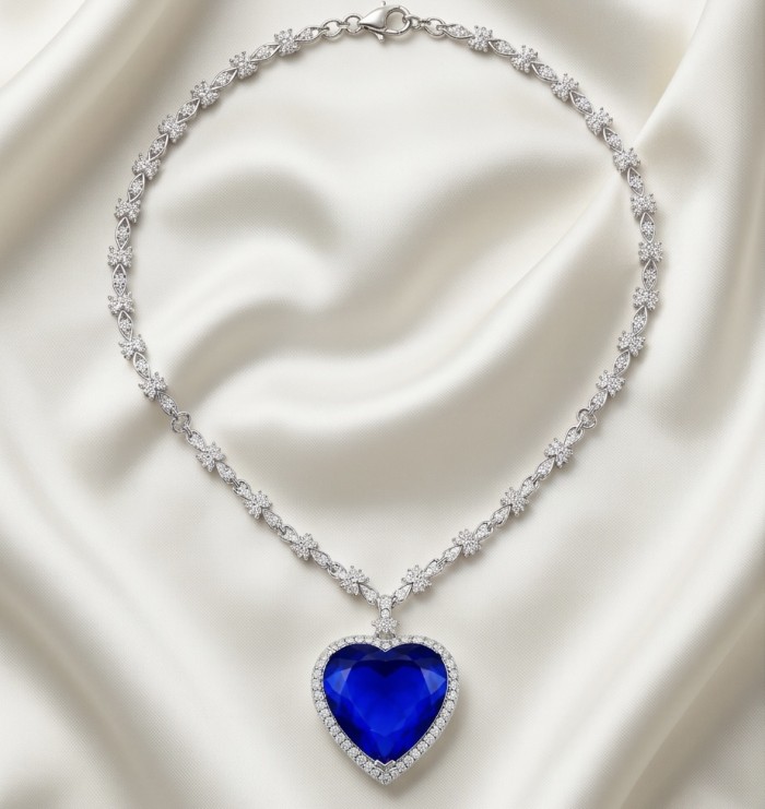 Titanic - Heart of The Ocean Necklace ~ 24.5 Ct Blue Sapphire Necklace In 925 Sterling Silver necklace - Heart-shaped blue sapphire necklace on silky fabric background.