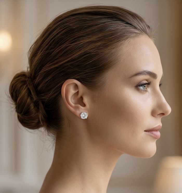 Angelina 8.9 carat authentic White Topaz .925 Sterling Silver Handcrafted Earrings - Side view of Angelina 8.9 carat White Topaz earrings on a model.