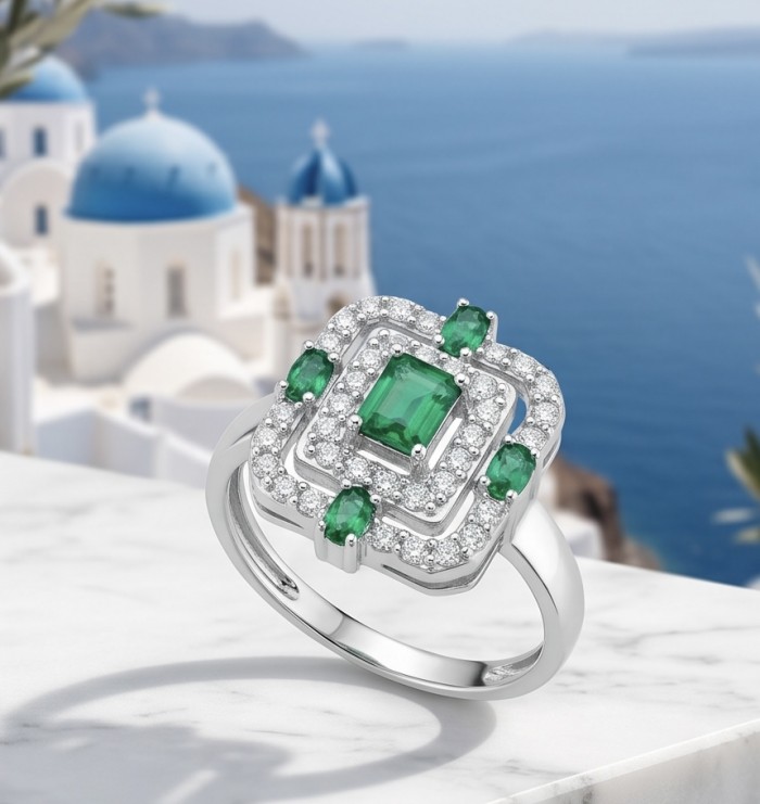 Art Deco - 3.8 carat Colombian Emerald .925 Sterling Silver handmade Statement ring s. 8 adjustable - Emerald ring on marble, sea and domes in background, front view.