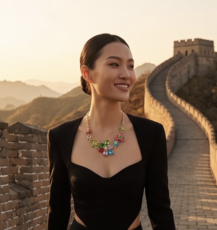 55.2 carat Blooming Garden Natural multicolot Topaz 14k Gold over .925 Sterling Silver handcrafted Statement necklace - Woman wearing multicolor topaz necklace with Great Wall backdrop