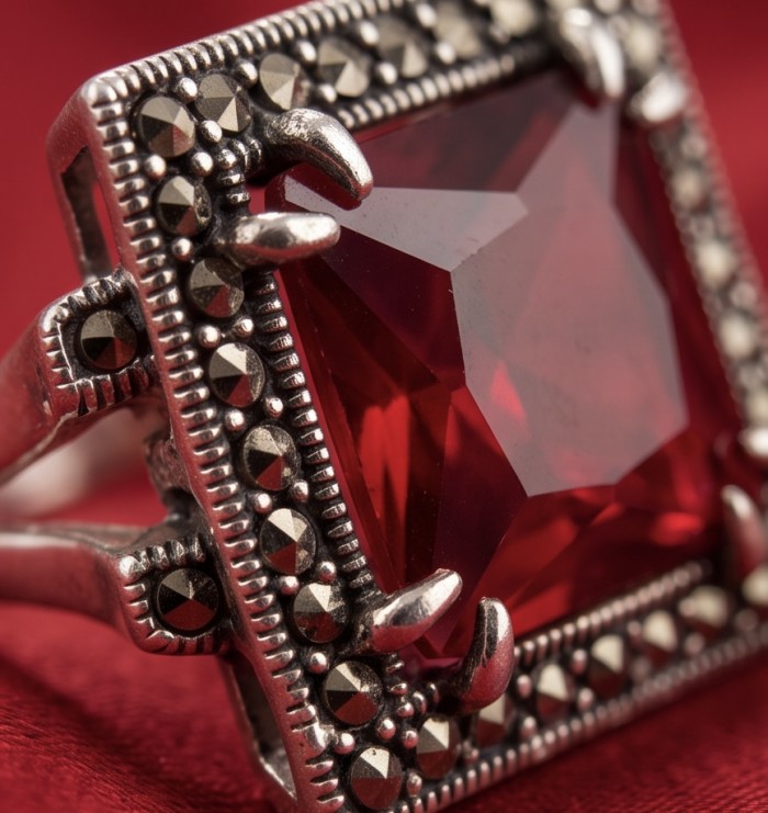 Carmen Natural asscher cut 14.7 carat Kashmir Ruby .925 Sterling Silver handmade Statement Ring size 8 - Close-up of Carmen Asscher cut Kashmir Ruby ring with silver accents.