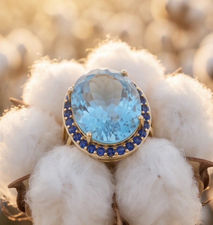 Pacifica 27.8 carat Swiss Blue Topaz 22K Gold over .925 Sterling Silver dipped in rhodium handcrafted ring size 7 1/4 - Close-up of Pacifica 27.8 carat Swiss Blue Topaz ring on cotton.