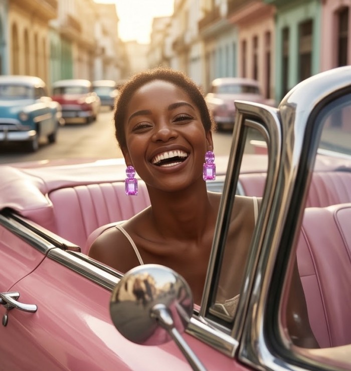 Large - Tiffany - authentic baquette oval cut 29.7 carat Pink Sapphire .925 Sterling Silver handcrafted Earrings - Woman wearing large pink earrings in a vintage car, smiling.