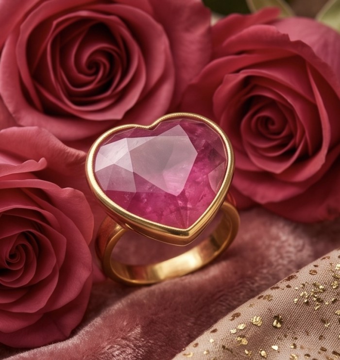 Angel's Heart Natural heart shape 18.7 carat Ruby .925 Sterling Silver dipped in 22K Gold handmade Statement Ring size 6 1/4 - Heart-shaped ruby ring close-up with roses in the background.