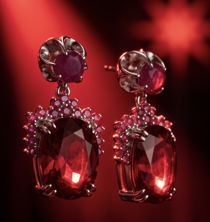Angelina 14.9 carat authentic Red Topaz .925 Sterling Silver Handcrafted Earrings - Close-up of Angelina red topaz earrings in sterling silver.