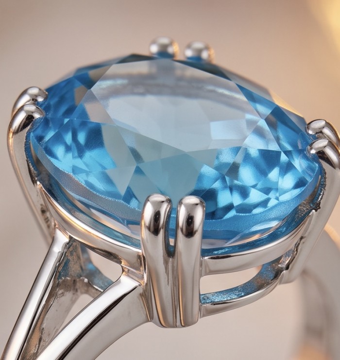 Aqua 18.5 carat Swiss Blue Topaz rhodium over .925 Sterling Silver handcrafted ring size 7 1/4 - Close-up of 18.5 carat Swiss Blue Topaz in Rhodium Sterling setting.