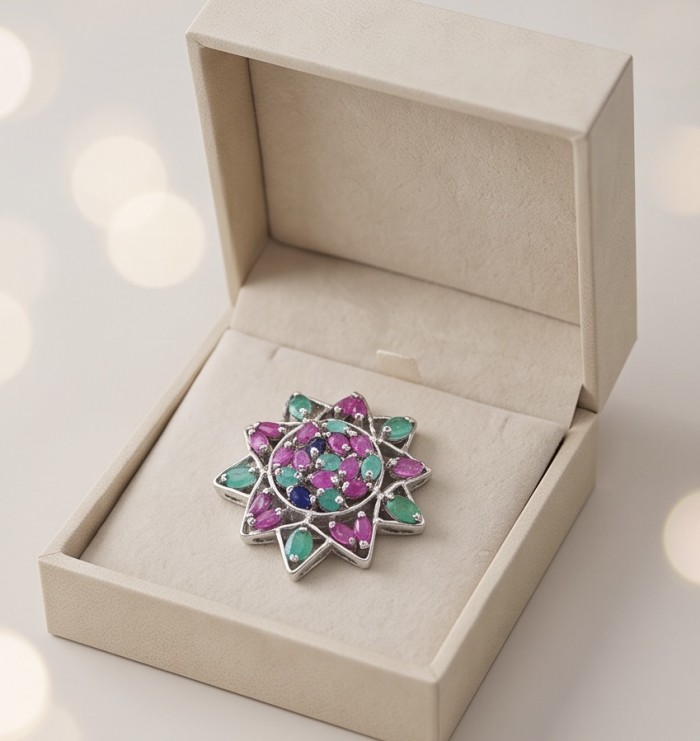 20.5 carat Authentic Kashmir Ruby Emerald Sapphire .925 Sterling Silver handcrafted Pendant and Brooch - Jewelry in box, top view; ruby, emerald, sapphire in silver setting