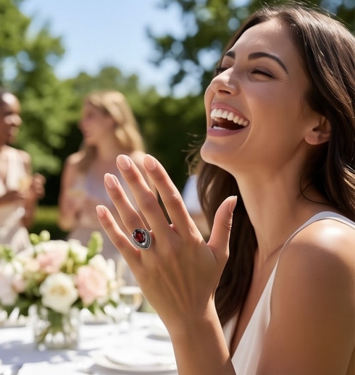 EMPRESS Genuine 18.9 CARAT Ruby rhodium over .925 Sterling Silver Statement Ring size 7 1/4 - Woman wearing EMPRESS 18.9 carat ruby ring at an outdoor event.
