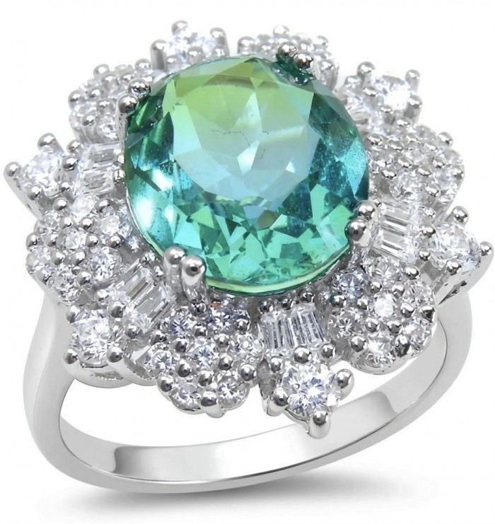 Marina Blue 10.8 carat Aquamarine rhodium over .925 Sterling Silver handcrafted ring size 7 1/2 - Aquamarine ring stone close-up with diamond halo, rhodium over sterling silver.