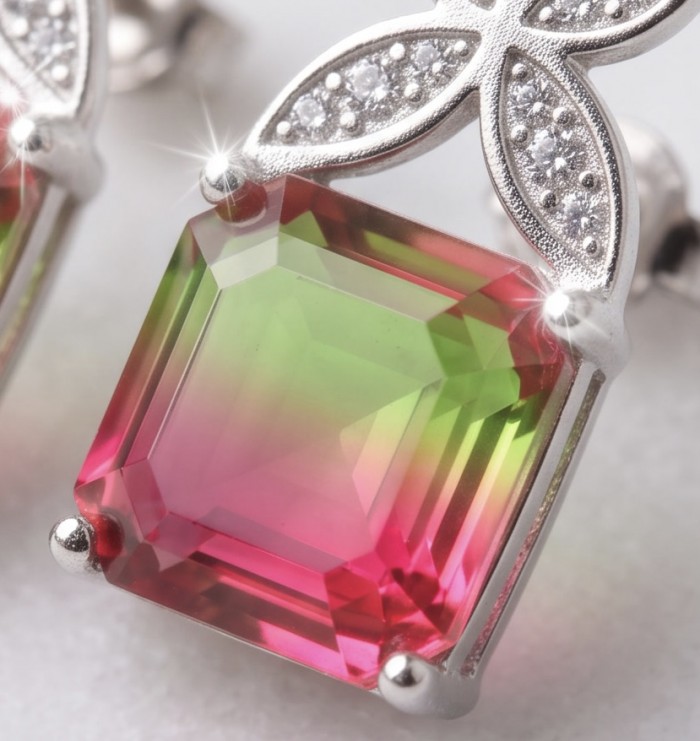Luxurious authentic 10.2 carat Brazilian Tourmaline .925 Sterling Silver handcrafted earrings - Stone close-up of 10.2 carat Brazilian Tourmaline .925 jewelry