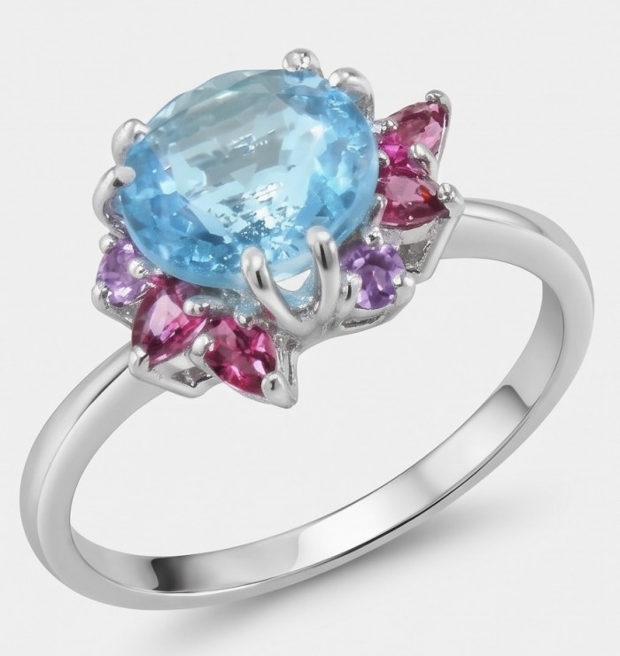 Pacifica 4.8 carat Swiss Blue Topaz .925 Sterling Silver handcrafted ring size 9 - Side view of Pacifica Swiss Blue Topaz ring with purple and pink gems.