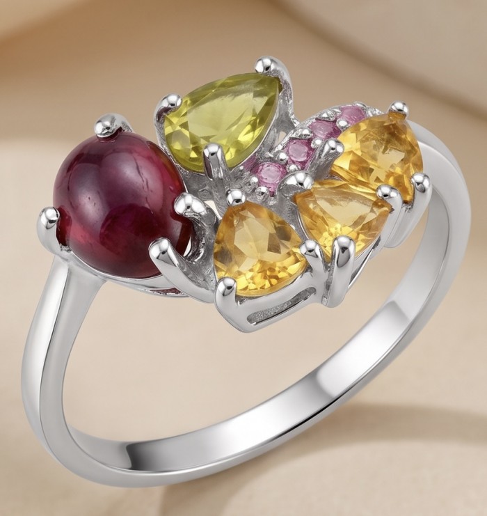 Juicy Gems 4.8 carat Multigem rhodium over .925 Sterling Silver Handcrafted Ring size 8 - Side view of multigem rhodium ring on sterling silver band.