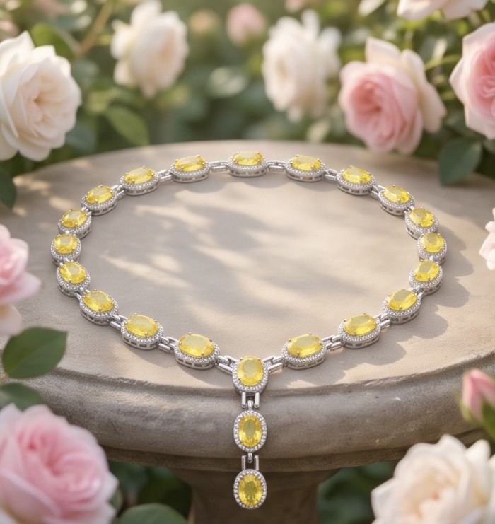 Luxurious - 58.5 carat Yellow Sapphire from Ceylon .925 Sterling Silver dipped in Rhodium handcrafted Necklace - Yellow sapphire necklace on a table surrounded by roses.
