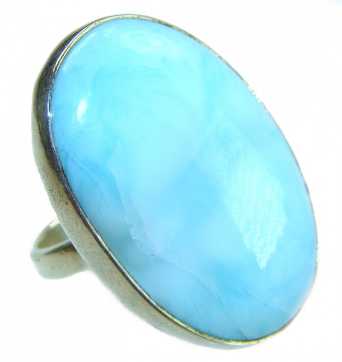 Large Blue Perfection Blue Larimar .925 Sterling Silver handmade Large ring size 7 - Close-up of large blue Larimar stone in .925 sterling silver setting.