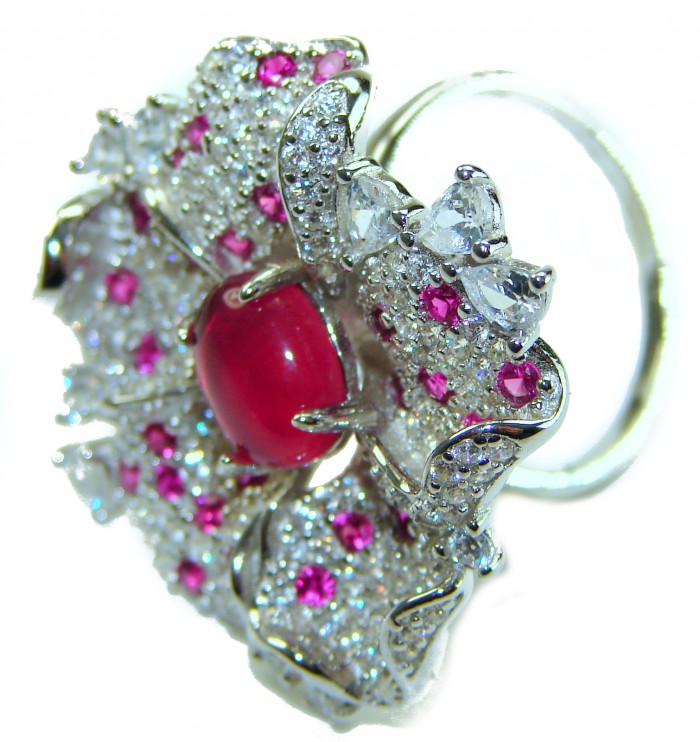 Real Beauty Natural 7.1 carat Ruby .925 Sterling Silver handmade Statement Ring size 8 - Close-up of ruby and diamond sterling silver ring design.