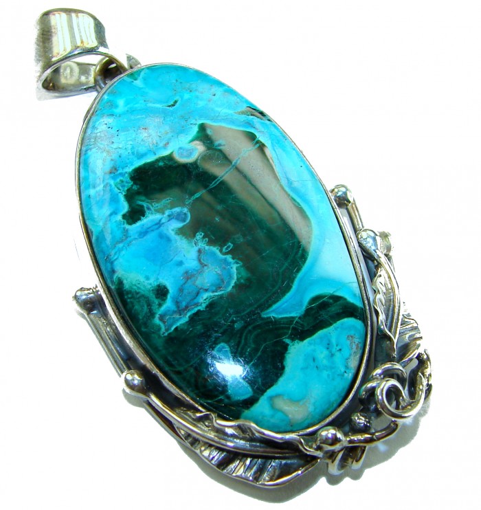Colors of the Earth Authentic Chrysocolla .925 Sterling Silver handcrafted Large Pendant - Stone close-up of Colors of the Earth Chrysocolla pendant