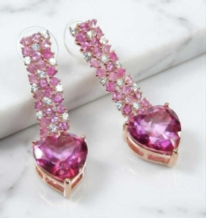 Pure Love - authentic 18.5 carat Pink Topaz 18K Rose Gold over .925 Sterling Silver handcrafted Earrings - Pink topaz earrings in rose gold, stone close-up on marble background.