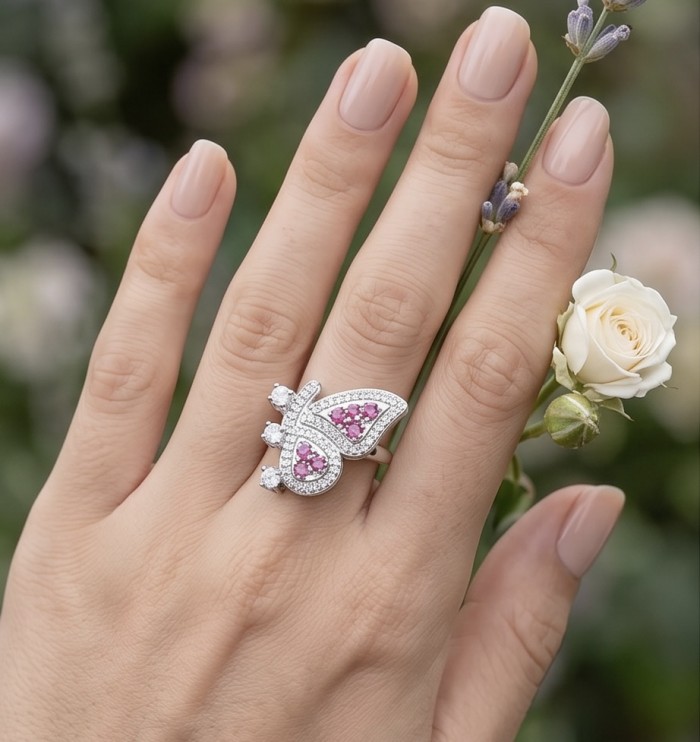 Giovanna - Authentic 1.9 carat Ruby .925 Sterling Silver dipped in rhodium handcrafted Statement Ring size 8 - Ruby butterfly ring worn on hand with rose background