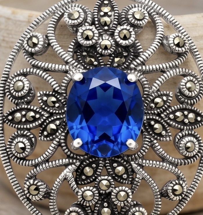 Pacifica fancy oval cut 8.5 carat London Blue Topaz .925 Sterling Silver handmade Pendant - Close-up of ornate jewelry with 8.5 carat London Blue Topaz centerpiece.