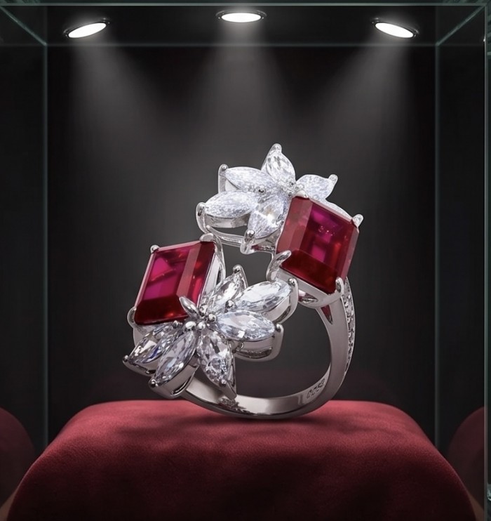 Giovanna - Authentic 8.9 carat Ruby .925 Sterling Silver dipped in rhodium handcrafted Statement Ring size 8 - Ruby and silver ring on display, front view with spotlight illumination.