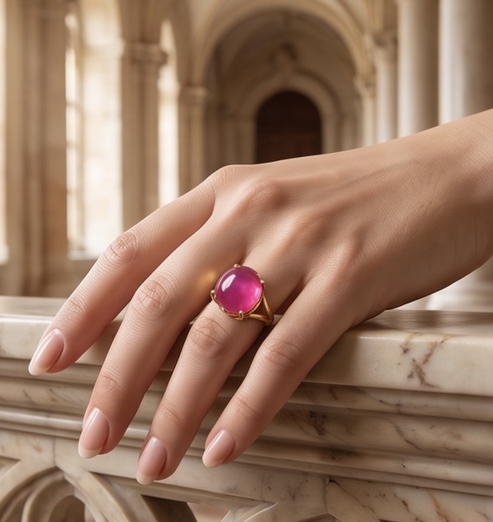 Giovanna 9.7 carat Kashmir Ruby .925 Sterling Silver dipped in 22K Gold handmade Statement Ring size 6 1/4 - Ruby ring on hand in elegant setting, stone close-up view.