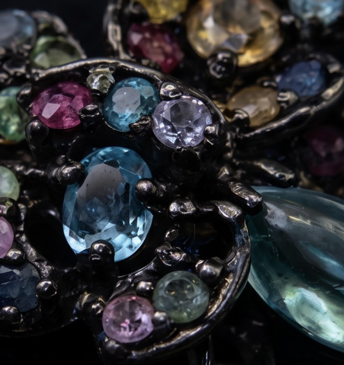 Colors of the Earth Precious 14.5 carat Multigem .925 Sterling Silver dipped in black rhodium Pendant - Stone close-up of multigem Colors of the Earth sterling jewelry