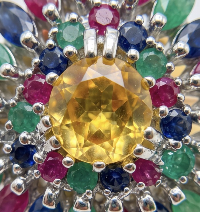 Victoria Authentic 15.5 carat Brazilian Citrine .925 Sterling Silver brilliantly handcrafted Statement earrings - Close-up of multicolored gemstone cluster with center yellow citrine.