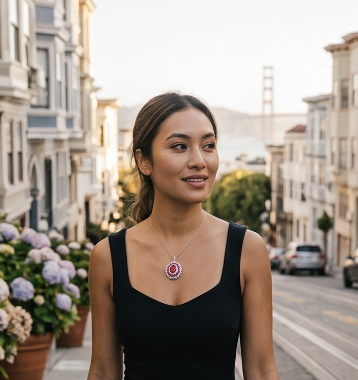 Art Deco - Genuine 3.8 carat Ruby rhodium over .925 Sterling Silver handcrafted Statement Pendant - Woman wearing Art Deco ruby necklace on city street.